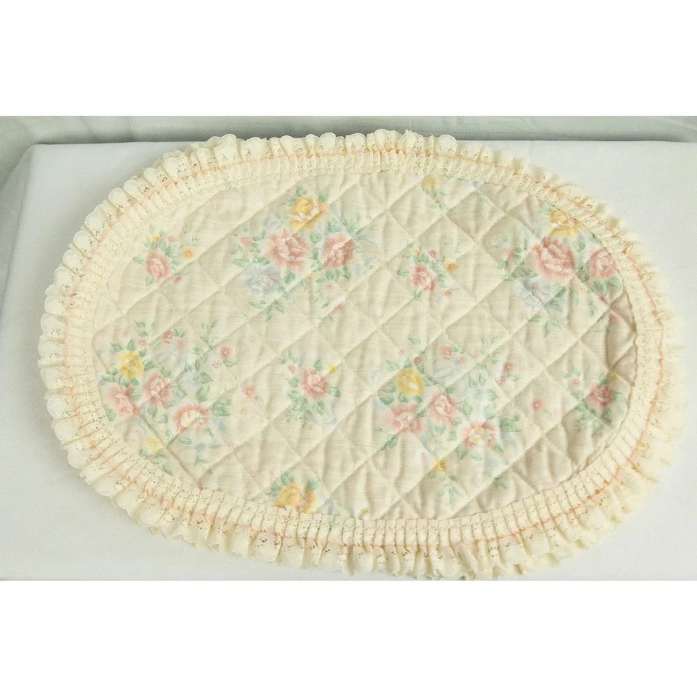 Vintage Floral Quilted Oval Placemat Cream Pastel Pink Yellow Lace Ruffle Trim
